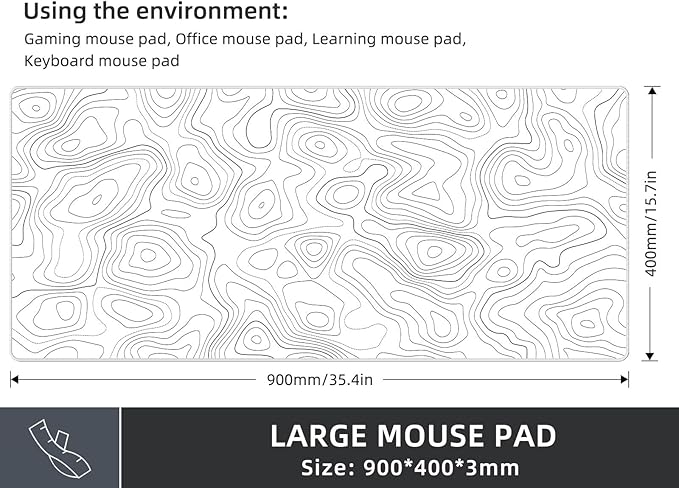 Extra Large Gaming Mouse Pad with White Topographic, XXL Mousepad, Big Mouse Mat Desk Pad, Non Slip Keyboard Pad for Gaming Computer Laptop PC Office Desk Accessories