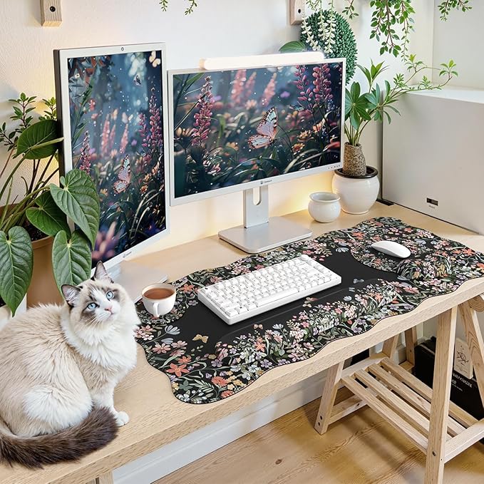 iCasso Desk Mat Set,Large Mouse Pad with Wrist Rest,Ergonomic Keyboard Wrist Support for Women,Girly Floral Computer Mat with Scalloped Edges,Non-Slip Desk Pad Home Office Gaming (Black)