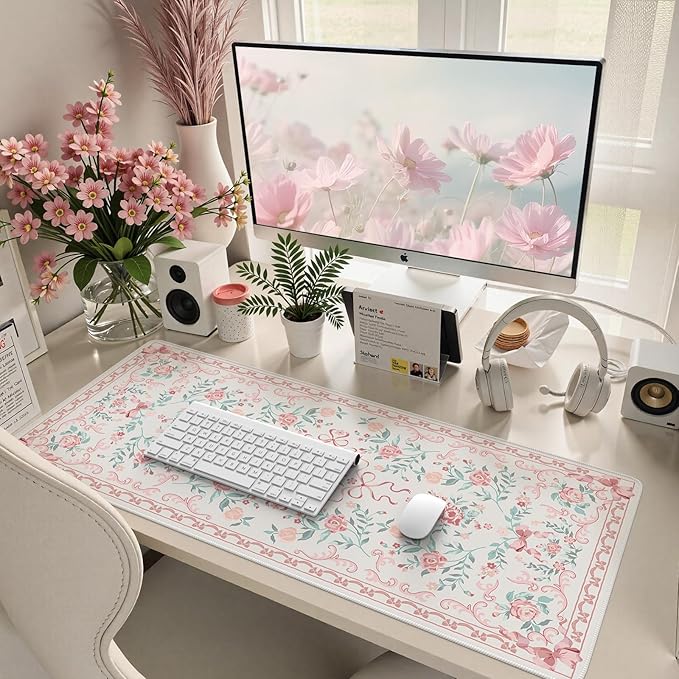 HAOCOO Pink Desk Mat for Keyboard and Mouse, Non-Slip Large Mouse Pad, Cute Bow Desk Matt for Desktop, Computer Mat with Edge Stitching for Office, Waterproof Desktop Protection