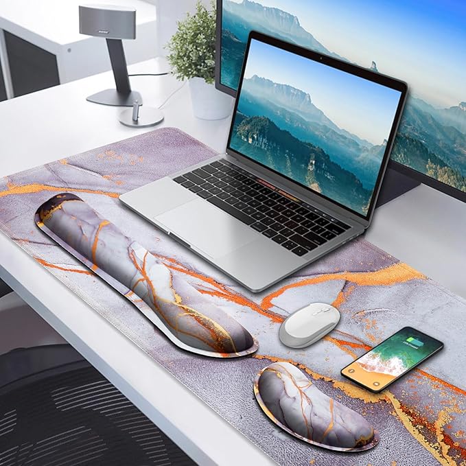Gimars 4 in 1 Mouse Pad and Keyboard Wrist Rest Set, Large Mouse Pad with Memory Foam Wrist Support Pad for Desk with Coaster, Easy Typing, Gaming Office Home, 31.5x12 inch, Gray Golden
