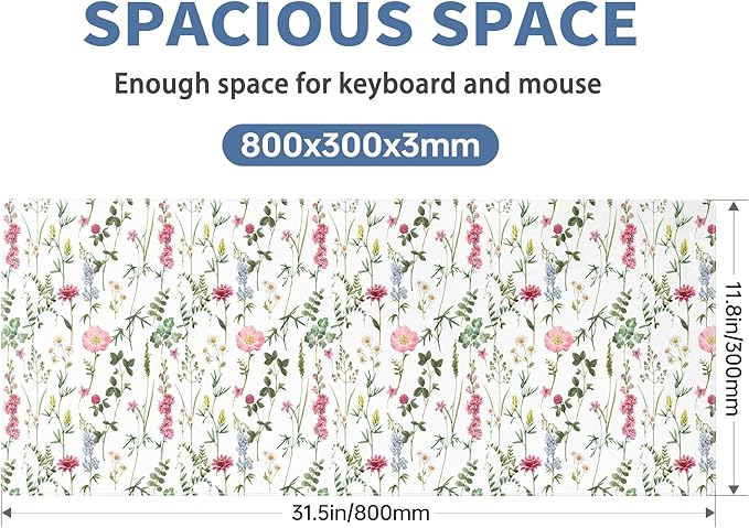 White Kawaii Flower Mouse Pad Large Desk Mat Extended Keyboard Mouse Pad Cute Mousepad with Non-Slip Base and Stitched Edge Floral Mouse Mat Desk Pad 31.5 x 11.8 Mouse Pads for Desk Home Office Gaming