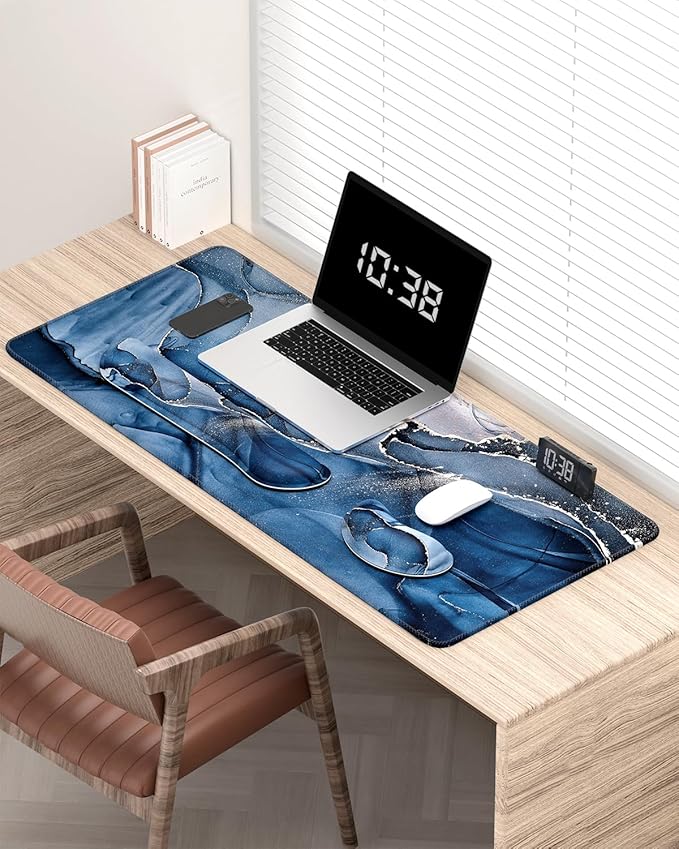 Auhoahsil Large Mouse Pad with Wrist Rests for Keyboard & Mouse, Thick Soft Ergonomic Memory Foam Wrist Supports, Big & Long Desk Mat 35.5 x 15.7 in, for Office Gaming Computer, Ink Navy Marble