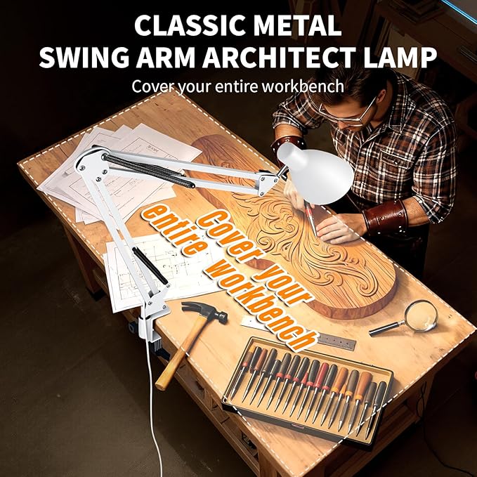 Led Desk Lamp for Home Office - Adjustable Gooseneck Table Stand with Clamp 5 Color Modes and 10 Brightness for Architect Puzzle Light Reading Craft Computer Work Study Sewing(White)