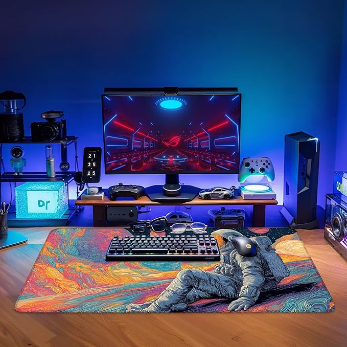 Astronaut Extended Gaming Mouse Pad 35.4x15.7Inch Large Desk Mat Anti-Slip Rubber Base & Durable Stitched Edges for Gamers Smooth Mouse Writing Surface for Desk Office/Home