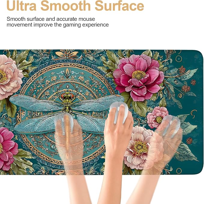 Large Mouse Pad & Keyboard Mat 35x16 Inches, Vintage Peony and Gold Dragonfly Floral Art Non-Slip Rubber Base Desk Mat, Large Extended Desk Protector for Home Office Gaming Setup