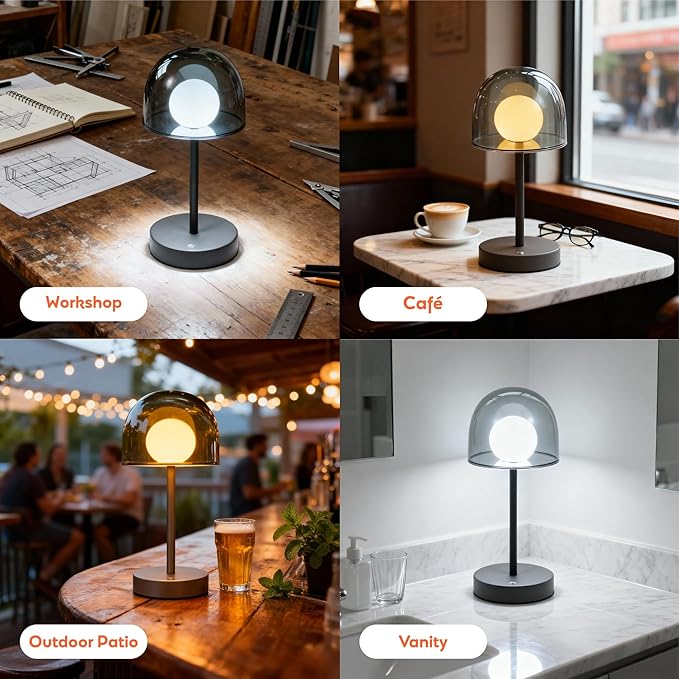 Rechargeable Mushroom Lamp, Small Cordless Table Lamp with Stepless Dimmable, Portable Modern Lamp IP44 Touch Control for Bedroom Living Room Bathroom Balcony, 7.7" W x 10.6" H (Smoky Grey)