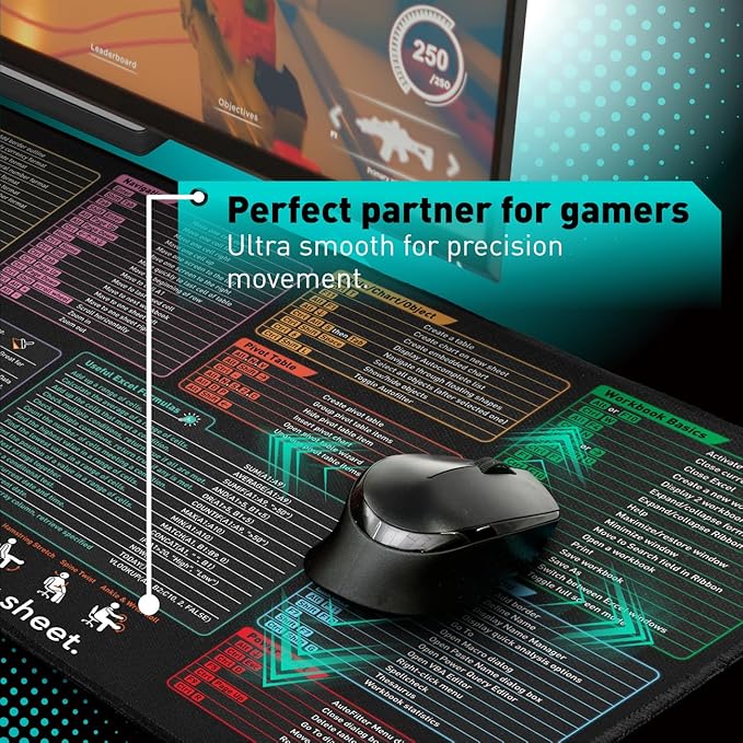 Excel Shortcut Keys Mouse Pad - Extended Large XXL Cheat Sheet Gaming Mousepad | PC Office Spreadsheet Keyboard Mat | Non-Slip Stitched Edge