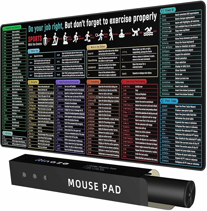 Large Mouse Pad With Excel Shortcuts Cheat Sheet, Excel Tips Desk Mat, XXL Gaming Mousepad Keyboard Pad, Office Accessories for Computer, Mac, PC and Laptop