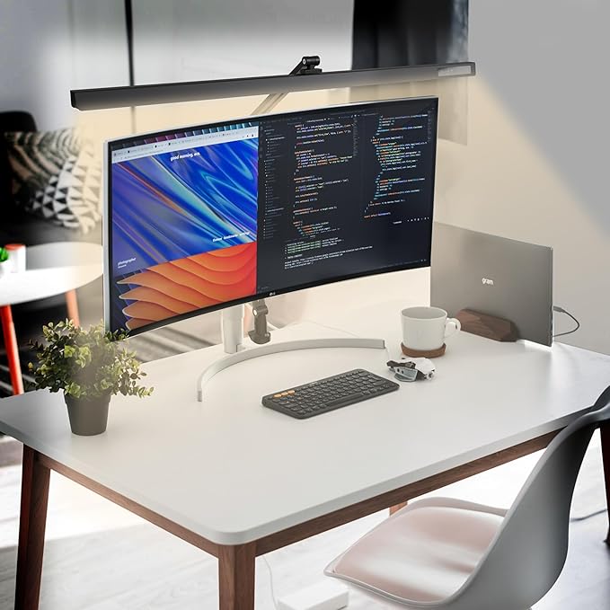 Led Desk Lamp with Clamp, Architect Desk Lamp for Home Office with Atmosphere Lighting, 15W Ultra Bright Dimming Computer Light Stepless Dimming and Tempering LED Table Light with Timing