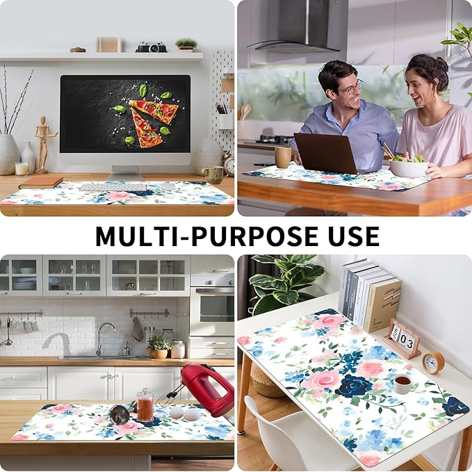 Bloss Pink+Blue Flower Desk Mat, Leather Desk Pad, Desk Matt for Desktop, Waterproof Desk Pad Mat, Computer Mat for Office Work/Home-31.5 x 15.7 Inches