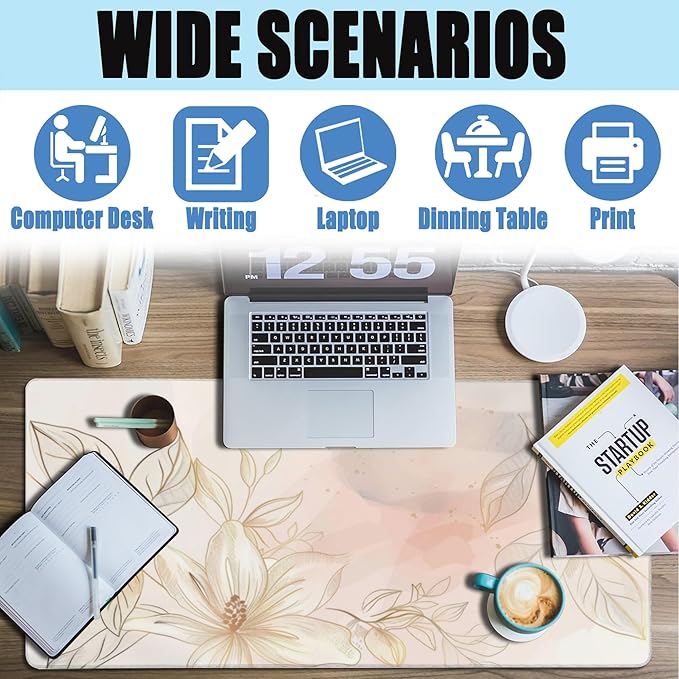 Desk Mat,Minimalist Flowers and Leaves Large Gaming Mouse Pad for Desk XXL,Golden Line Floral Desk Pad,Extended Big Computer Keyboard Mouse Pad with Non-Slip Base Stitched Edges 35.4"x15.7"
