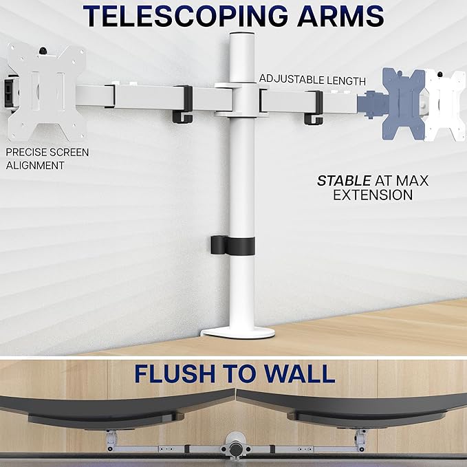 VIVO Dual LCD LED 21 to 32 inch Monitor Desk Mount, Heavy Duty, Adjustable Telescoping Arms, Flush Wall Setup, Fits 2 Screens, White, STAND-V002EW