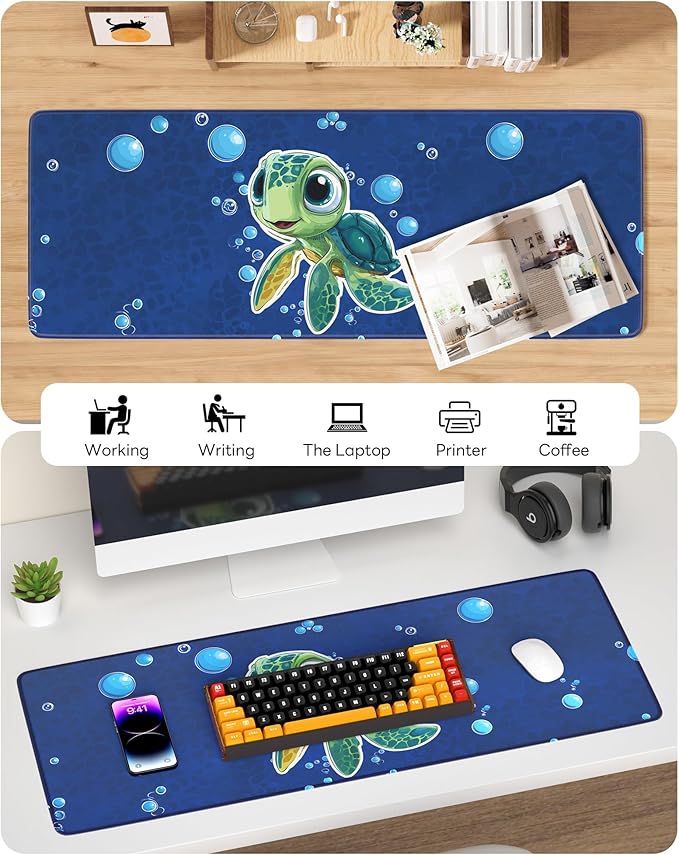 Turtle Mouse Pad, 31.5 x 11.8 Large Desk Mat with Stitched Edges & Non-Slip Base, Mousepad for Office, Home, Work, Cute Turtle