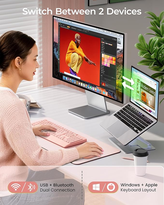 seenda Wireless Bluetooth Keyboard and Mouse Combo, COE200 Ergonomic Wireless Keyboard Mouse with Wrist Rest, Multi-Device Connection, Full-Size Compatible for Computer/Laptop/Mac/MacBook, Pink