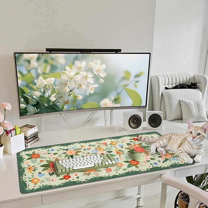 iCasso Floral Desk Mat for Keyboard and Mouse,Cute Gaming Mouse Pad XXL,Anti-Slip Desk Matt for Desktop,Soft Lycra Surface Computer Mat Women,Girly Big Mousepad for Home Office (Green Floral)