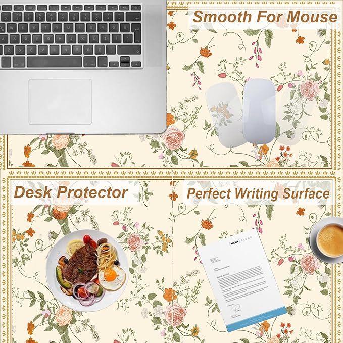 Desk Pad, ZAXOXAZ PU Leather Desk Pad Protector, 31.5" x 15.7" XXL Large Extended Flowers Mouse Pad, Big Desk Mat Floral Desk Blotter, Waterproof Desk Writing Pad for Office and Home