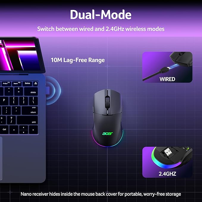 acer Wireless Gaming Mouse for Laptop, 24,000 DPI Wired Computer Mouse with 8 Programmable Buttons, Left & Right Hand, Rechargable Gaming Mice, Long Battery Life, RGB Lighting Gamer for PC, Desktop