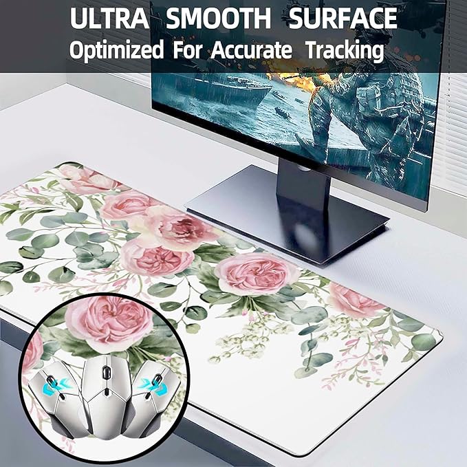Desk Mat,Peony Flowers and Eucalyptus Leaves Large Gaming Mouse Pad for Desk XL,Pink Floral Desk Pad,Extended Big Computer Keyboard Mouse Pad with Non-Slip Base Stitched Edges 31.5"x11.8"