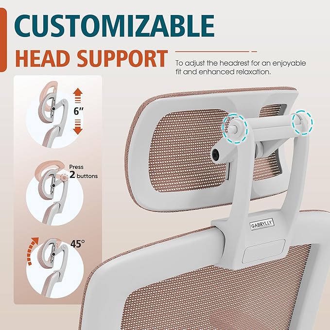 GABRYLLY Ergonomic Office Chair, High Back Home Desk Chair with Headrest, Flip-Up Arms, 90-120° Tilt Lock and Wide Cushion, 300LBS Mesh Chairs for Man Woman, White Task Chair(Pink,GY01WPK)
