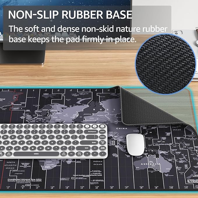 KTRIO Large Gaming Mouse Pad Desk Mat, Superior Micro-Weave Cloth, Non-Slip Rubber Base, Stitched Edges, Water-Resistant, for Gamer, Office & Home, 31.5 x 15.7 Inch，World Map