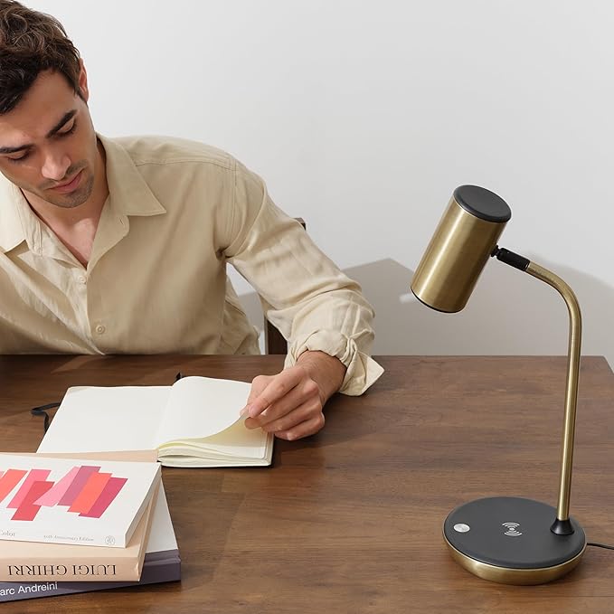 Brightech Ezra Office Desk Lamp – Wireless Charging Pad and Color Temperature Changing Light Options – Living Room or Den Table Light for Art Deco, Mid-Century, Contemporary Décor - Brass