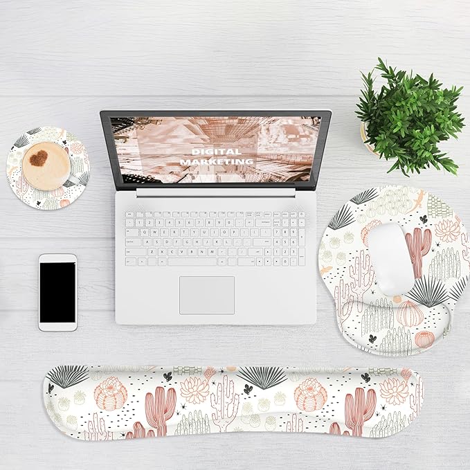 Ergonomic Mouse Pad with Wrist Rest and Keyboard Wrist Rest, Mousepad and Wrist Rest for Computer Keyboard, Non-Slip Rubber Base, Mouse Pad with Wrist Support for Gaming, Office, Cactus