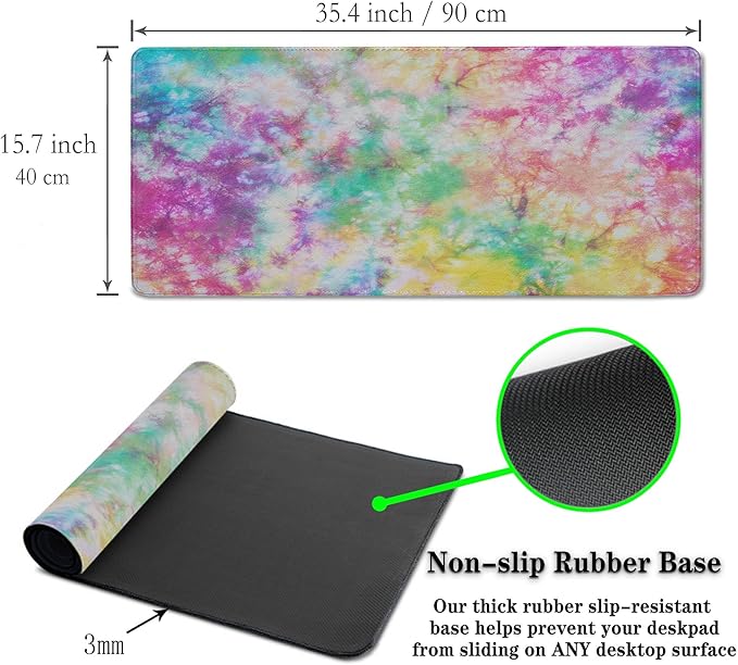 Desk Mouse Pad Rainbow Mats, XXL Mouse Pads Desk Pad for Women Keyboard Big Mousepads, Long Desk Pad Non-Slip Rubber Base, 35.4 X 15.7 inch for Work/Game/Office/Home Splash Tie Dye Pattern