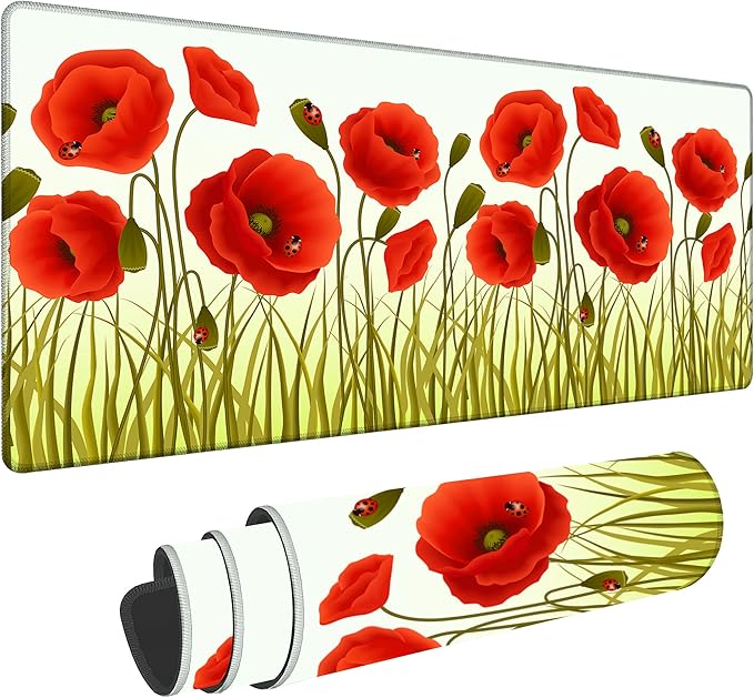 Poppy Gaming Desk Mat Large,Red Poppy Floarl Ladybug Extended Mousepad,Non-Slip Rubber Mouse Pad Stitched Edges,Desktop Decorative Accessories for Home Office 31.5" x 15.7"