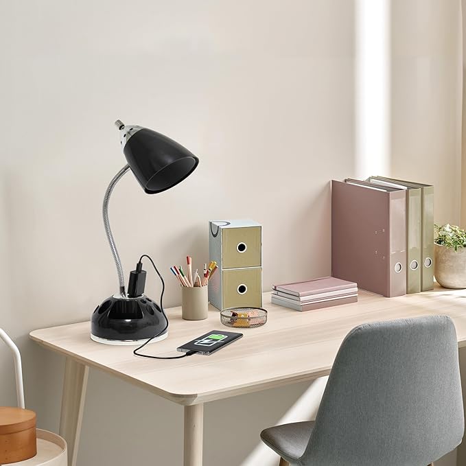 Simple Designs LD1015-BLK-LB 19.5" Flossy Organizer Desk Lamp with Charging Outlet Lazy Susan Base and LEB Bulb, Black