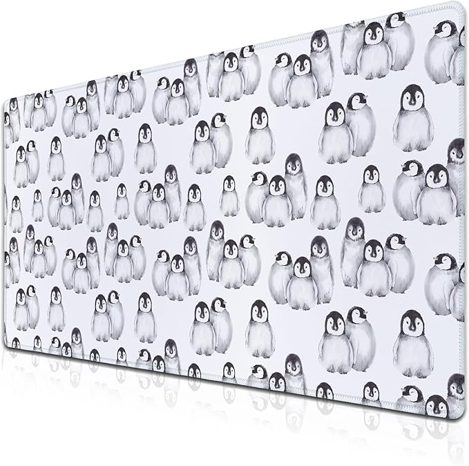 Gaming Mouse Pad White, Big Mouse Pads Office Desk Pad, XXL Mousepad Non-Slip Rubber Base Waterproof with Stitched Edges, 35.4 X 15.7 inch for Work/Game/Office/Home Little Penguin Isolated