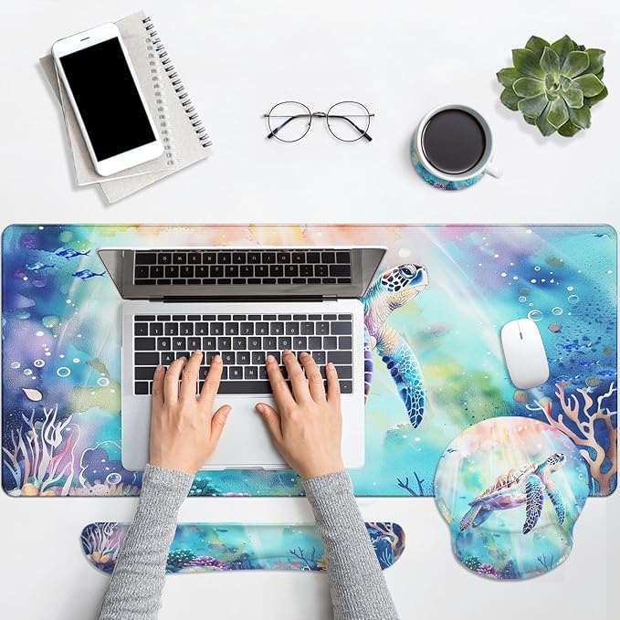 Britimes Sea Turtle Cute Ocean Keyboard Mouse Pad Set 4in1 Large Mousepad+Keyboard Wrist Rest+Mouse Wrist Rest+Coaster Set with Ergonomic Design for Home Office Computer 35.4x15.7 inches