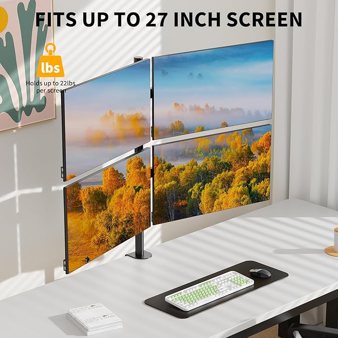 Quad Monitor Mount Heavy Duty Adjustable 4 Desk Monitor Stand for 13"-27" Screen, Computer Monitor Mount Holds Up to 22lbs with C Clamp/Grommet Base