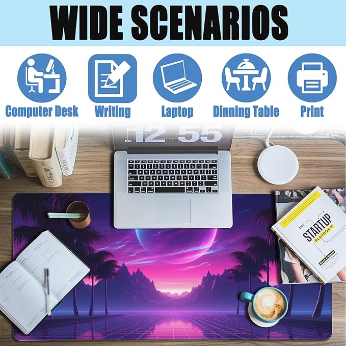 Large Gaming Mouse Pad for Desk,Cool Retrowave Landscape Desk Mat,Science Fiction Scene Desk Pad, Extended Big Computer Keyboard Mouse Pad with Non-Slip Base and Stitched Edge 35.4"x15.7"