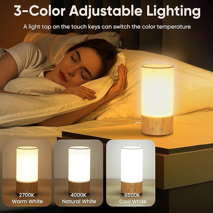 Light Therapy Lamp, Happy Lamp 10,000 LUX UV Free with 3 Color Temperature & 5 Brightness Level, Full Spectrum Light Wood Base Round Flaxen Fabric Shade for Home, Office, 4" × 8.4”