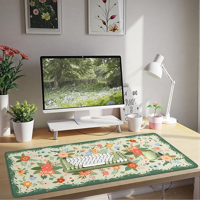 HAOCOO Green Floral Desk Mat for Keyboard and Mouse, Waterproof Desk Matt for Desktop, Large Mouse Pad, Non-Slip Keyboard Mat with Stitched Edge for Office, School, Home