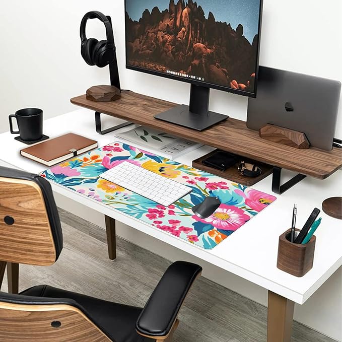 XXL Mouse Pad,Watercolor Floral Large Gaming Mouse Pad,Pink Rose Flowers Desk Mat for Desktop,Extended Big Computer Keyboard Desk Pad with Non-Slip Base and Stitched Edge 35.4"x15.7"