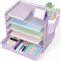 Desk Organizers and Accessories, 5-Tier Paper Letter Tray Organizer with Drawer & 2 Pen Holders, Desktop Organizer for Office Supplies (Purple)