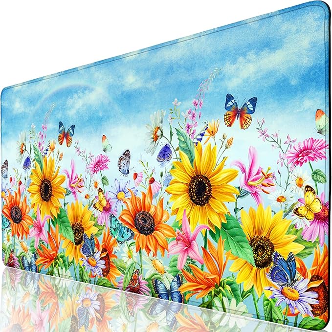 Desk Pad Sunflowers, Big Mouse Pad Flower Butterfly Women Girls Desk Mat Extended Large Gaming Mouse Pad Non-Slip Base Stitched Edge Work Home Office Desks Computer Keyboard Laptop Decor Mouse Mat