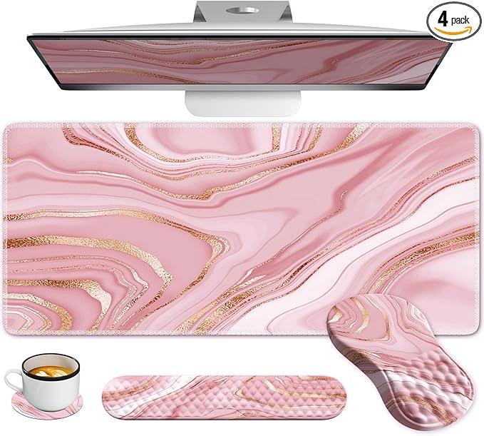 Pink Desk Mat, Desk Mat for Mouse, Computer Mats, Rose Gold Mouse Pad and Keyboard Wrist Rest, Memory Foam Wrist Rest for Mouse (Rose Gold Pink)