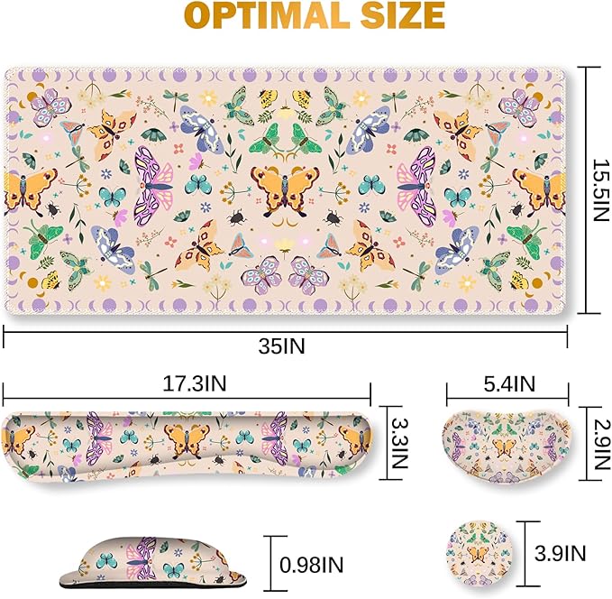 ARTSO Desk Mat Set, Apricot Extended Gaming Mouse Pad with Wrist Rest Support +Keyboard Wrist Rest +Coaster, Large Cute Butterfly Mousepad, Easy Typing & Comfort
