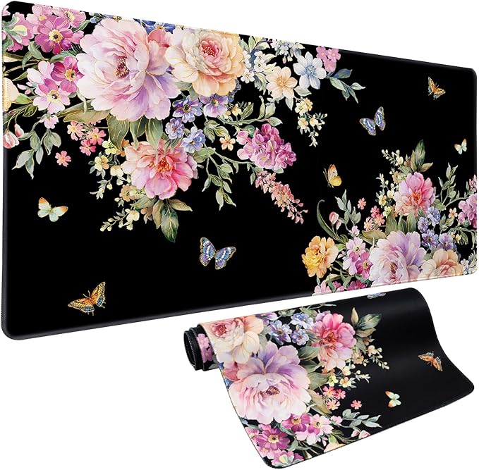 Vimorco Desk Mat Mouse Pad Butterfly Flower, Waterproof Pink Floral XL Large Gaming Desk Pad Mousepad, Black Computer Laptop Keyboard Mouse Mat for Women Girls Work, Game, Office, Home 31.5 x 11.8 in