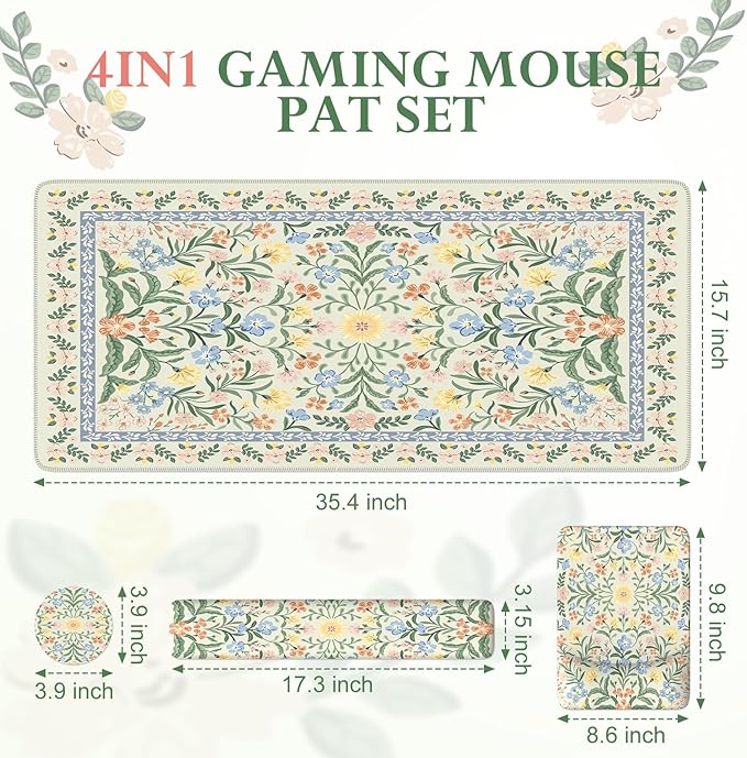 iLeadon Green Floral Desk Cover Mat, Computer Mouse Pad and Keyboard Wrist Rest, Non-Slip Base Keyboard Wrist Rest and Mouse Pad Set, Office Desk Mat Cute for Women (Light Green)