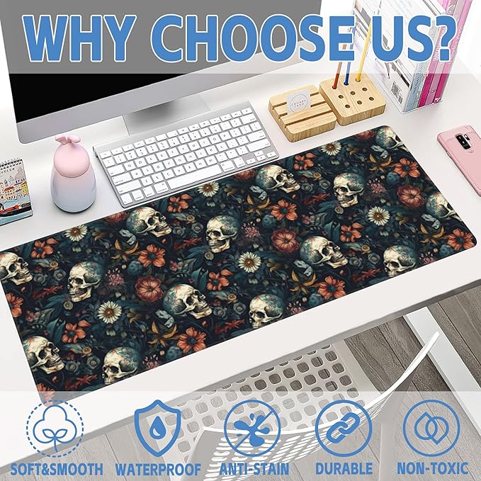 Desk Mat,Skulls with Flowers Large Gaming Mouse Pad XL,Skull Floral Desk Pad,Extended Big Computer Keyboard Mousepad with Non-Slip Base and Stitched Edges 31.5"x11.8"