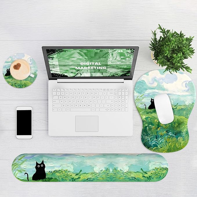 Ergonomic Mouse Pad with Wrist Rest and Keyboard Wrist Rest, Gel Mousepad and Wrist Rest for Computer Keyboard, Non-Slip PU Base, Mouse Pad with Wrist Support for Gaming, Office, Cat