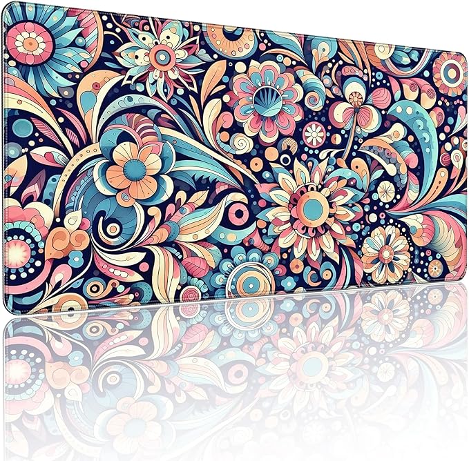 XXL Gaming Mouse Pad, Bohemian Floral Pattern, 35.4 x 15.7 Inches, Microfiber Cloth, Non-Slip Rubber Base, Extended Desk Mat