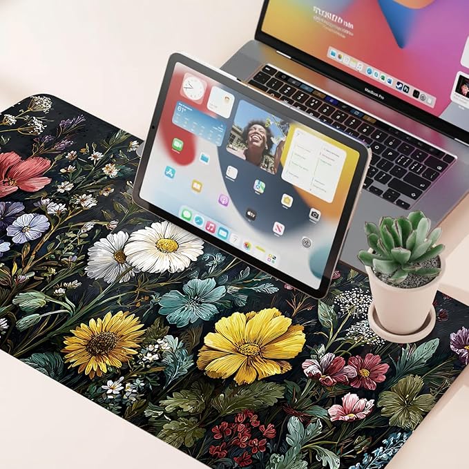 Desk Mat, XXL Extended Gaming Pad for Desktop, 31x12 Inches Vibrant Floral Bouquet, Large Non-Slip Vegan Leather Keyboard Mouse Mat for Home Office