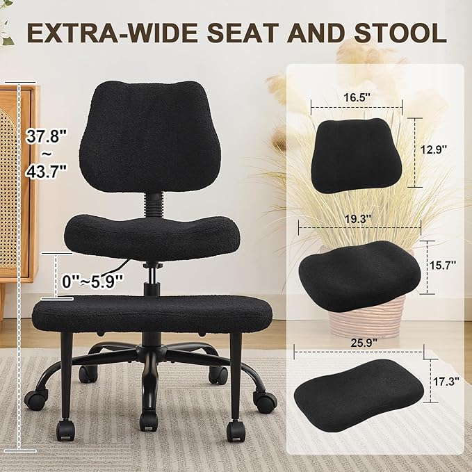 Ergonomic Criss Cross Legged Office Chair, ADHD Chair, Wide Height Adjustable Seat 360° Swivel Footstool with Wheels, Teddy Fabric Meditation Kneeling Chair, for The Restless Home Workers,Black