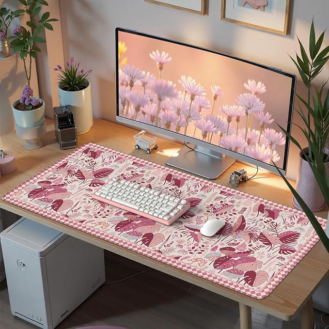 Large Mouse Pad for Desktop, Cute Desk Mat Pad Protector for Work & Gaming, Aesthetic Pretty Anti-Slip Laptop Blotter Cover for Office School Home Supplies, Pink Leaves, 35.4" x 15.7"