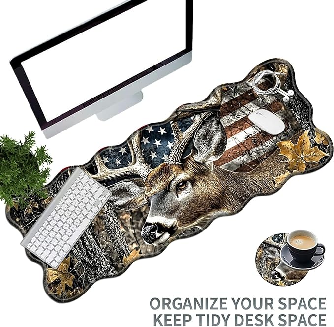 Camo Flag Deer Large Gaming Mouse Pad Plus a Coaster, 31.5 x 11.8 inches Desk Mat Extended XL Mousepad with Stitched Edge Non-Slip Rubber, Desk Pad Computer Mouse Mat for Home Office