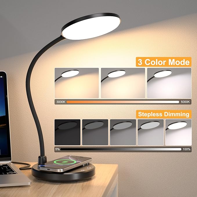 Sailstar Desk Lamp for Home Office, Small Desk Lamp with Wireless Charger, Dimmable 3 Color Modes Study Lamp, Adjustable Neck 800LM Eye-Caring Desk Light, Bedside, College Dorm, Adapter Included